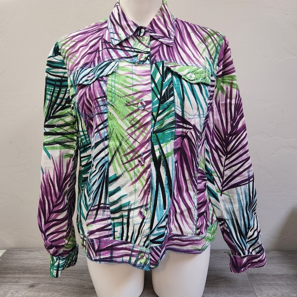 Margaret Frances Green Purple Jacket Size 14 100% Linen‎ Tropical Palm Print